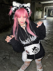 White Punk Canvas Waist Bag - Skeleton & Letter Print with Cat Ear Design