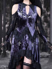 Gothic Velvet Embroidered Open Shoulder Top Double Layered Lace Hem