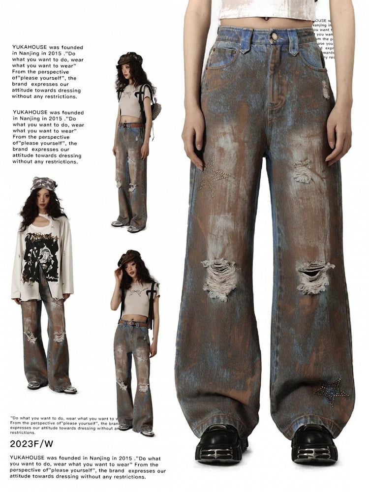 Wasteland Punk Blue Tie Dye Straight Leg Jeans Distressed Holes