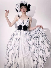 White & Black Tulip Pattern Elegant Classic Lolita Dress+Cropped Top+Corset Belt+Hairrband Full Set