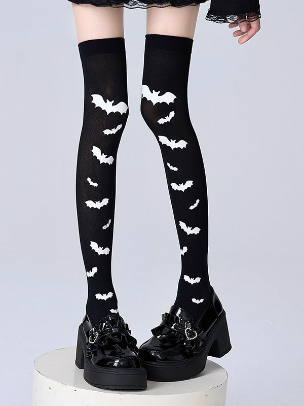 White Bat Pattern Black Over Knee Stockings