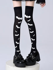 White Bat Pattern Black Over Knee Stockings