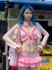 Pink Semi-Sheer Sun Protection Cardigan with Cascading Ruffle Accents & Lace Trim