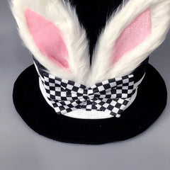Black Lolita Top Hat with Faux Rabbit Ears and Checkered Bow Accent Alice Vibes