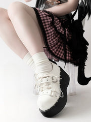 White Y2K Bittersweet Studs Details Chain Charm Front Lace-up Ties Platforms