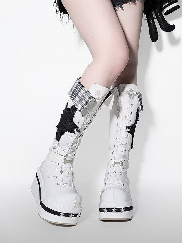 White Punk Platform Knee-high Boots with Bone Embroidery, Fold-over Cuff Design & Dual Closure