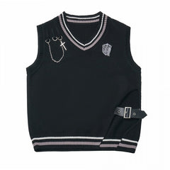 Gothic Academia Black Knit Vest with Buckle Strap and Cross Chain Accents