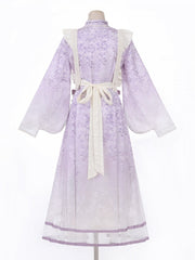 Wisteria Floral Print Purple Han Lolita Dress + Beige Apron with Tassel Beaded Charm