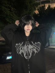 Gothic Regular/Thicken Black Zip-Up Hoodie with Skeletal Wing Print