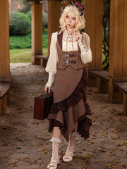 Coffee Asymmetrical Ruffled Steampunk Lolita Skirt with Lace Trim