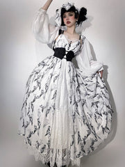 White & Black Tulip Pattern Elegant Classic Lolita Dress+Cropped Top+Corset Belt+Hairrband Full Set