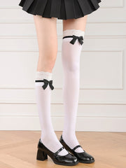 White/Black/Grey 40CM Lace Cuffs Calf Socks with Bow Decoration
