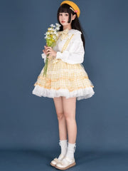 Icing Butterfly Cracker Yellow Gingham Pattern Bowknot Details Hem Overall Skirt