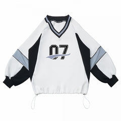 White V-Neck Regular/Back Bow Baseball-Style Sweatshirt with Front Numeric Design