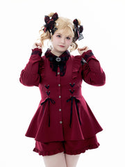 Red Jirai Kei Long Sleeves Outfit - Cold Shoulder Top with Ruffle Hem Shorts, Alternative J-Fashion