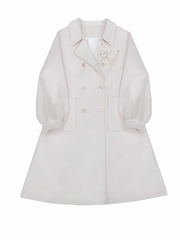 White Long Woolen Coat with Notched Collar & Double Breasted Design