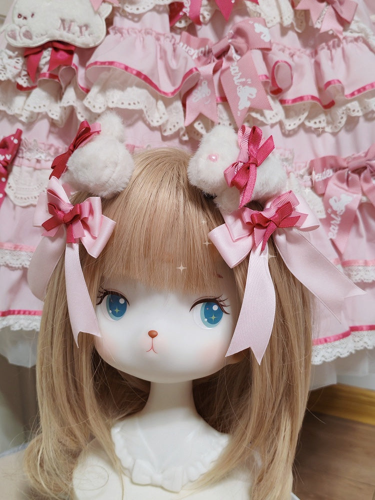 White Sweet Lolita Mini Plush Bunny & Bowknot Hairclips