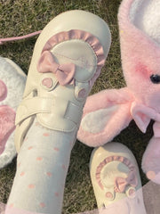 Sweet Lolita Fleece Lined Beige Winter Flats with Bunny Ear & Ruffle Trim Heart Applique