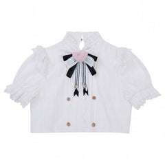 White Ruffled Lolita Shirt with Black Heart-Shaped Bow and Gold Buttons