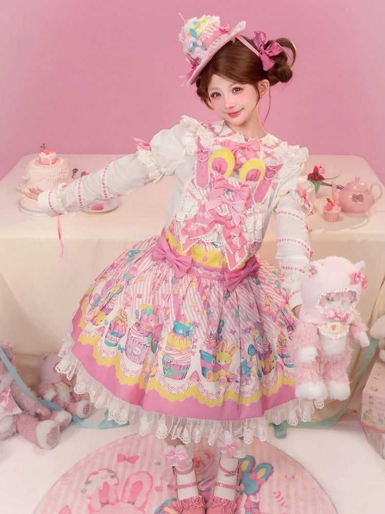 Yellow & Pink Sweet Bunny and Cupcake Print Lolita Overall Dress