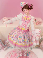 Yellow & Pink Sweet Bunny and Cupcake Print Lolita Overall Dress