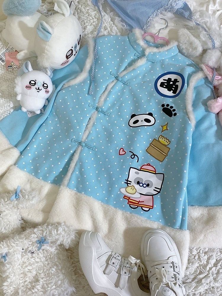 Cheongsam Style Blue Polka Dot Coat: White Plush Trim & Traditional Frog Closures