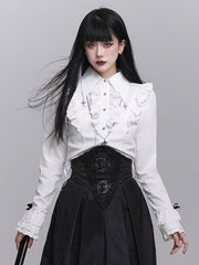 White Victorian Goth Blouse with Ruffled Placket & Adjustable Lace-up Waist