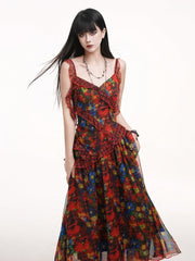 Red Floral Tie Dye Slip Dress with Plaid Ribbon Straps & Cascading Ruffles