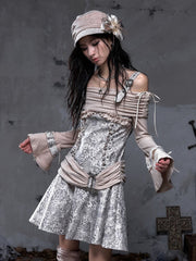 Vintage Punk A-Line Beige-gray PU Dress with Khaki Knit Off-Shoulder Design & Belt