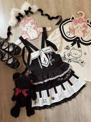 Soft & Adorable Black and White Overall Dress - 'Piano Key' Box Pleats / Peter Pan Collar T-shirt with Kitten Print