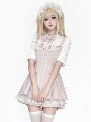 Jirai Kei Pink Coord Set: Short Sleeve Dress with Bib Bow Tie, Lace-Up Waist & Attached Shorts