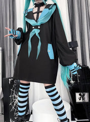 Black Futuristic Landmine Style Long Top with Contrast Green Sailor Collar & Cross Halter Neck