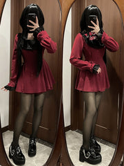 Wine Red Jirai Kei Full Set - Cross Embroidery Bowknot Dress + Shorts