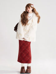 Red Plaid High-Waist Skirt with Back Slit & Side Zipper