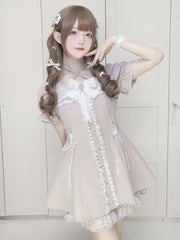Sweet Jirai Kei Coord Set: Light Pink Halter Dress with Heart Shaped Buttons + Shorts