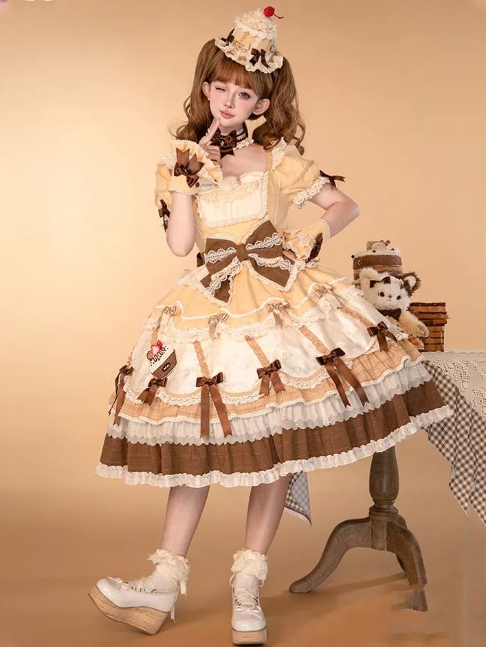 Yellow Square Neckline and Puff Sleeves Sweet Bowknot Details Lolita Dress