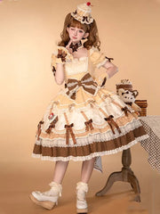 Yellow Square Neckline and Puff Sleeves Sweet Bowknot Details Lolita Dress