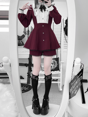 Clearance - Size L for Bust 94cm Deep Wine Red Jirai Kei Full Set: Dress with Cross Embroidered Pointed Collar, Shorts & Bow Tie