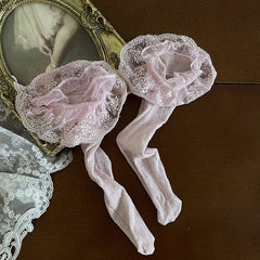 White/Pink Floral Pattern Lace Trim Socks