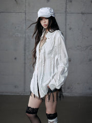 White Wasteland Punk V-Neck Distressed Blouse with Pintuck Pleats