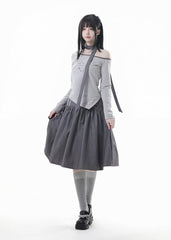 Preppy Gray Striped Skirt | Partial Button-Up Front & A-Line Silhouette