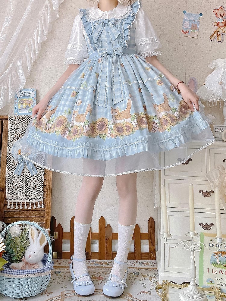 Sweet Kitty and Sunflowers Print Blue Plaid Pattern Lolita Dress