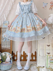 Sweet Kitty and Sunflowers Print Blue Plaid Pattern Lolita Dress