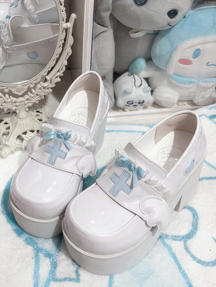 Tenshi Kaiwai Light Blue Yami Kawaii Cross Bowknot Platform Loafers