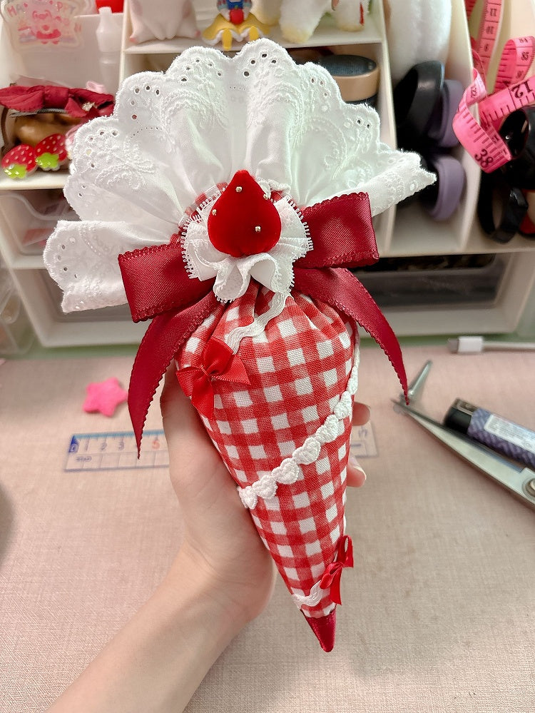 Red Plaid Pastry Piping Bag–Shaped Lolita Bag with Lace Ruffles and Strawberry