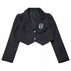 Black Striped Cropped Blazer with Preppy Badge & Subtle Silver Accents