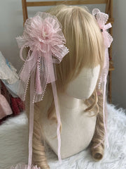 Sweet Lolita Pink Large Floral Bowknot Ribbon Hairclip With Tassel
