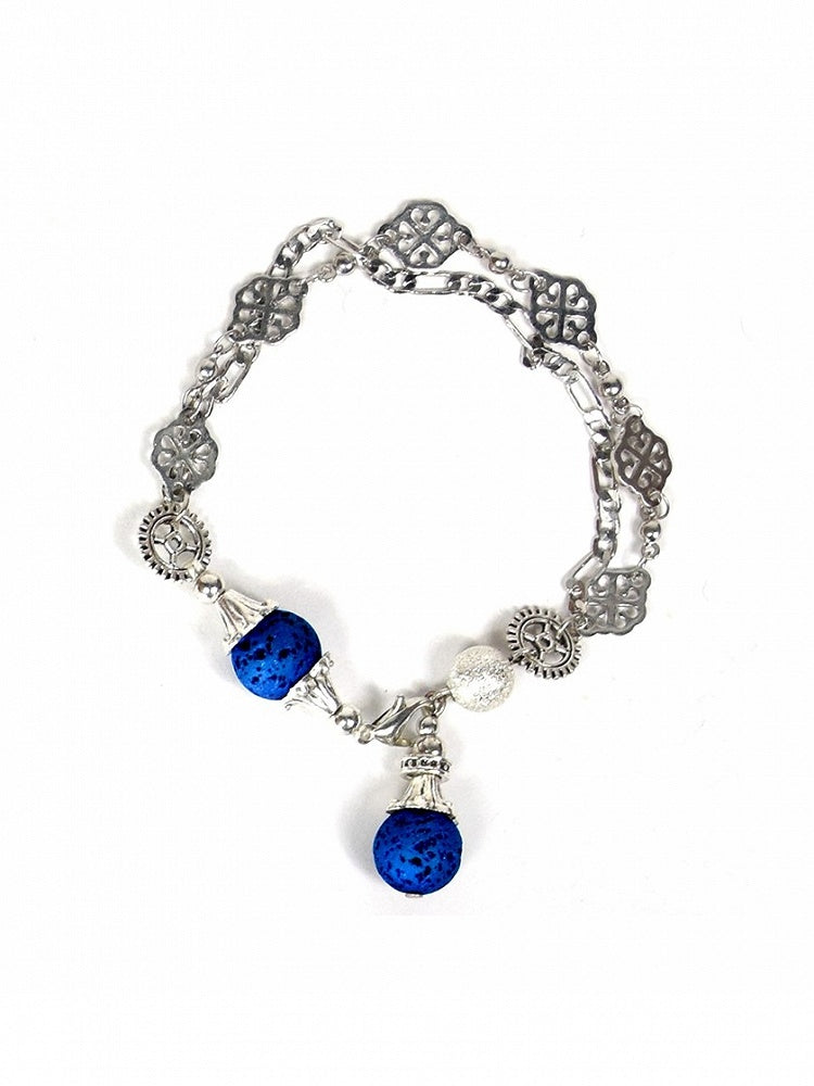 Steampunk Silver Gear Design Bracelet With Dark Blue Bead Charm