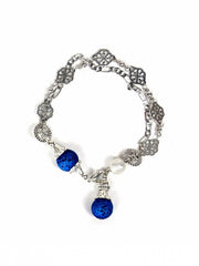 Steampunk Silver Gear Design Bracelet With Dark Blue Bead Charm