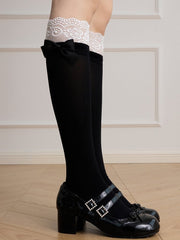 White/Black/Grey 40CM Lace Cuffs Calf Socks with Bow Decoration